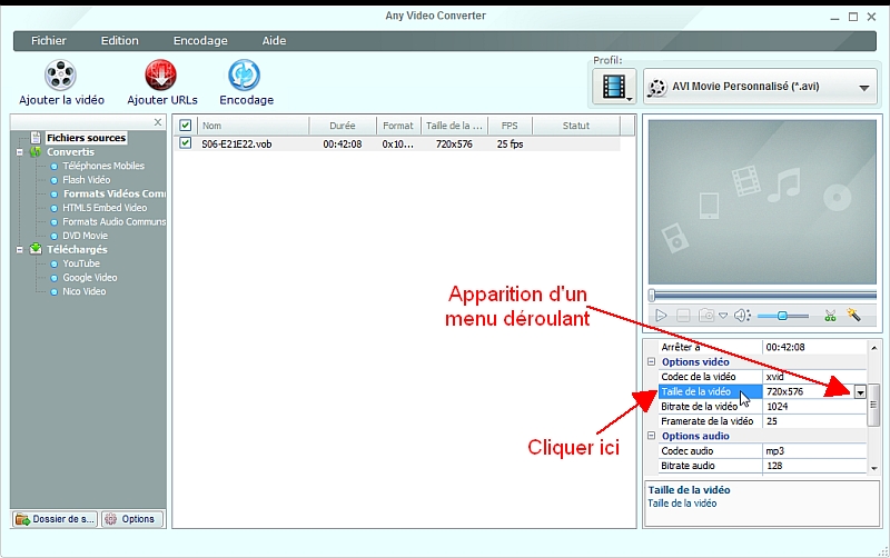 Any Video Converter - Faire apparatre le menu droulant