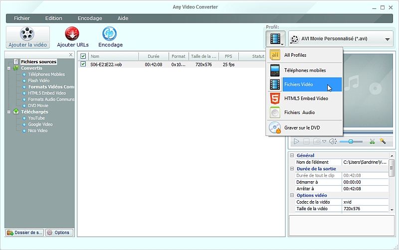 Any Video Converter - Choisir le profil d'encodage