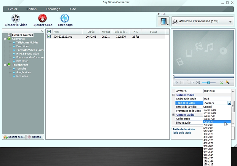 Any Video Converter - Choisir les dimensions de la vido finale