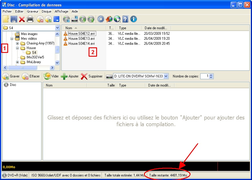 CDBurnerXP : Navigation sur le HDD et slection de fichiers  graver