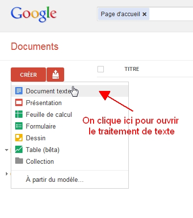 Accder  l'interface du traitement de texte de Google Documents