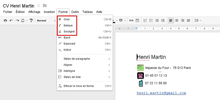 Dcouverte du menu Format de Google Documents