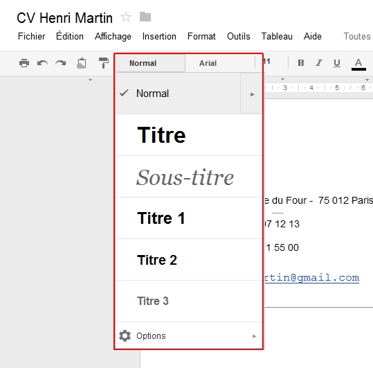 Dcouverte du menu Format de Google Documents