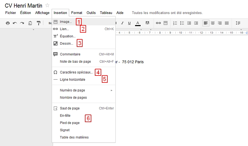 Dcouverte du menu Insertion de Google Documents