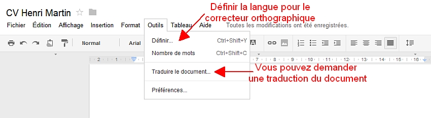 Dcouverte du menu Outils de Google Documents