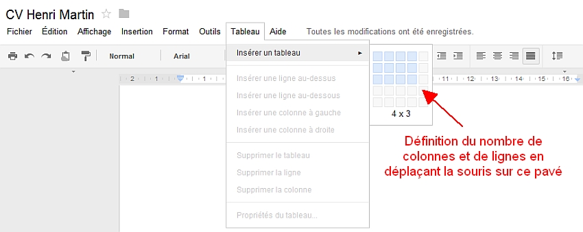 Dcouverte du menu Tableau de Google Documents