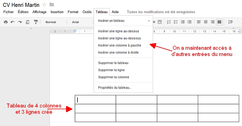 Options du menu Tableau de Google Documents