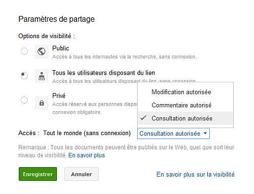 Consultation restreinte d'un document sous Google Documents