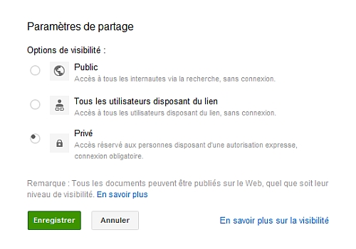 Accs aux Options de Partage sous Google Documents