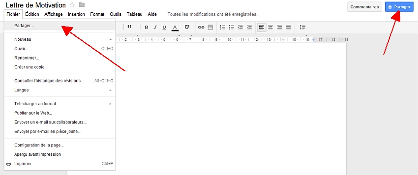 Accs aux Options de Partage sous Google Documents