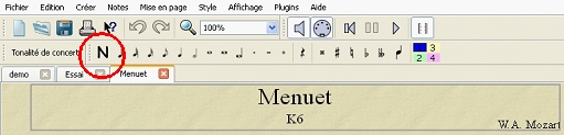 Accder au mode saisie de notes sous MuseScore en cliquant sur N