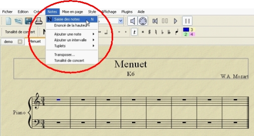 Accder au mode saisie de notes sous MuseScore  partir du menu