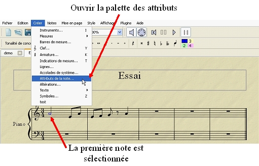 Slection de la premire note et accs  la palette des attributs