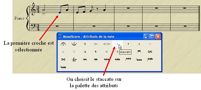 Slection de la premire croche et du staccato sur la palette des attributs