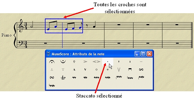 Sélection de plusieurs notes et du staccato sur la palette des attributs