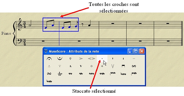 Slection de plusieurs notes et du staccato sur la palette des attributs