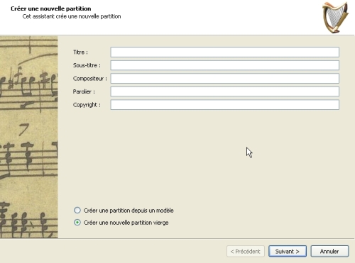 Assistant de cration d'une nouvelle partition MuseScore : tape 1