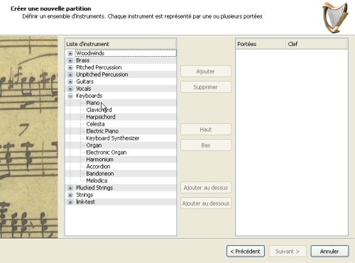 Assistant de cration d'une nouvelle partition MuseScore : choix des instruments