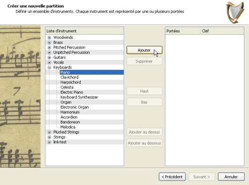 Assistant de cration d'une nouvelle partition MuseScore : on ajoute le piano