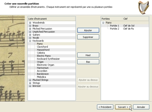 Assistant de cration d'une nouvelle partition MuseScore : piano ajout