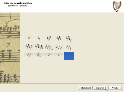 Assistant de cration d'une nouvelle partition MuseScore : choix de l'armure