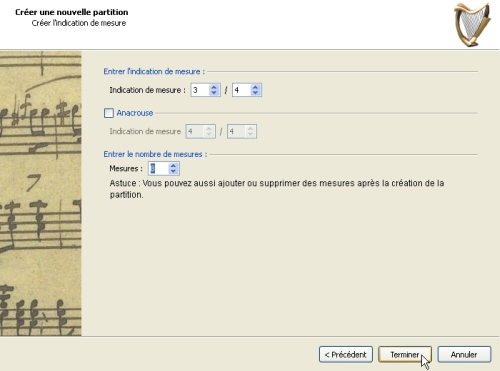 Assistant de cration d'une nouvelle partition MuseScore : choix de la mesure