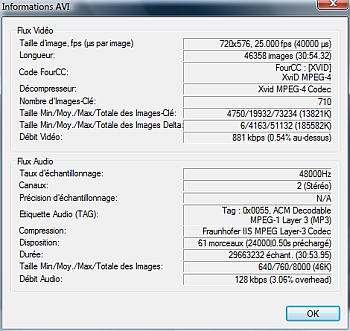 VirtualDubMOD - Information sur le fichier avi