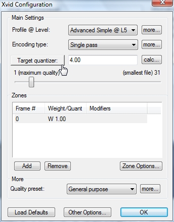 Configuration du codec Xvid