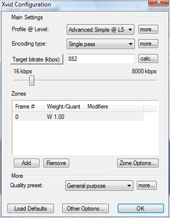 Configuration du codec Xvid