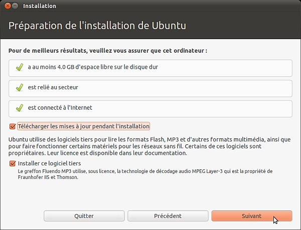 Ecran dmarrant l'installation